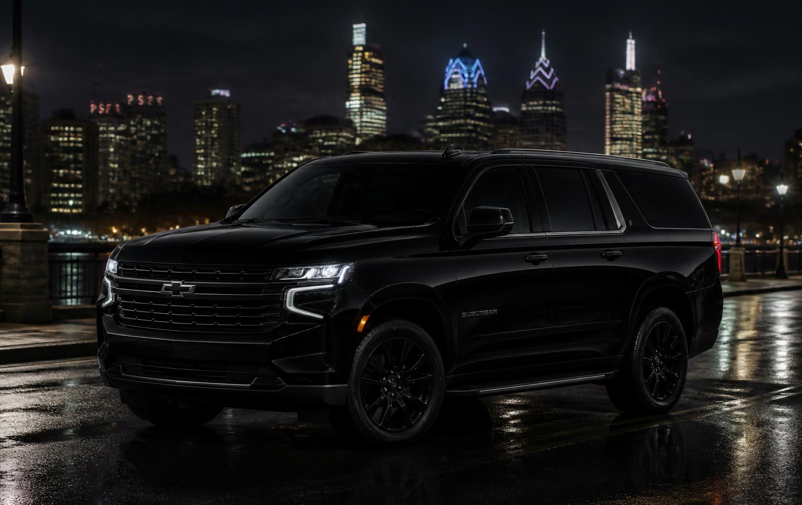 Black luxury truck at night with the Philadelphia skyline behind it